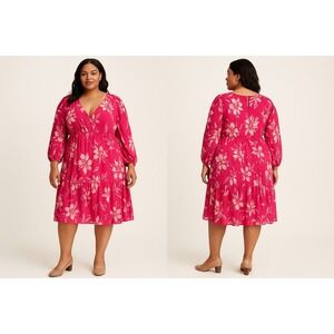 Torrid Pink Floral Clip Dot Long Sleeve V-Neck Dress 2 Boho Romantic Plus Sz 2X